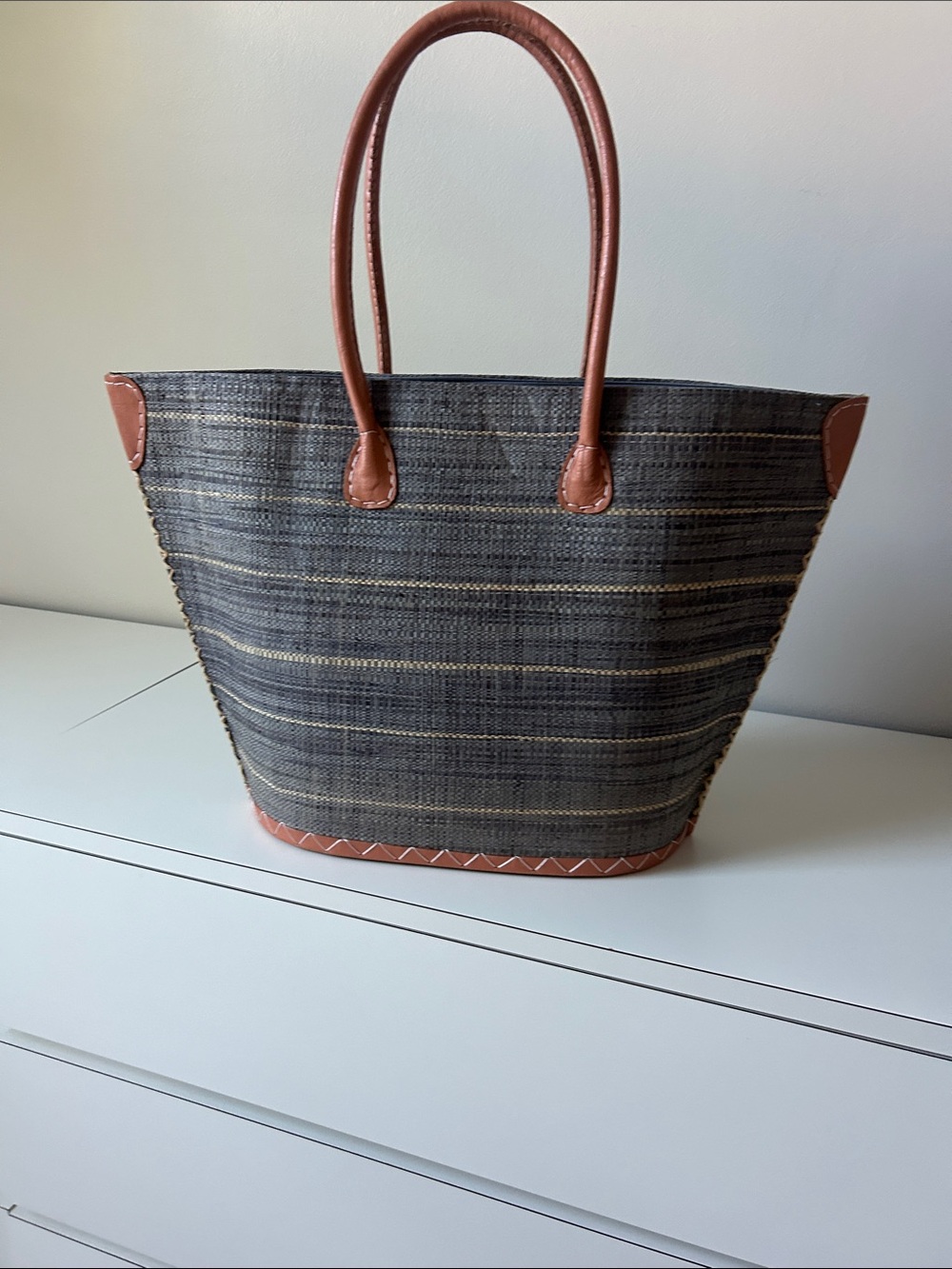 Woven Black Tote with Brown Trim - lining has drawstring. 19 x 13